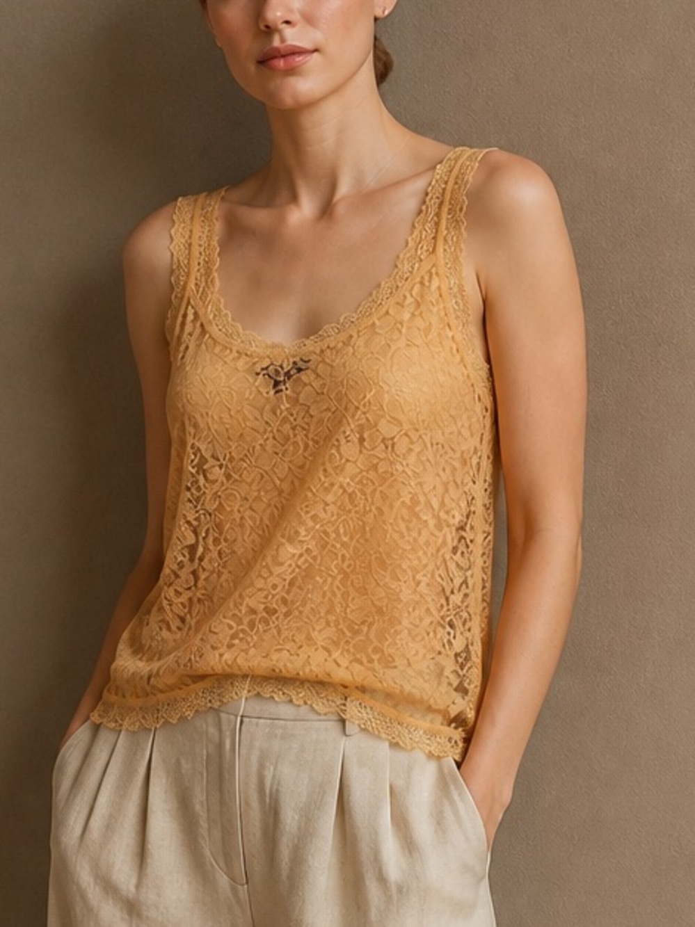 Lace-Overlay Peach Camisole Tank with Scalloped Trim